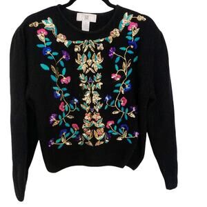 Illustrations Vintage Black Lambswool Blend Bejeweled Embroidered Sweater Medium
